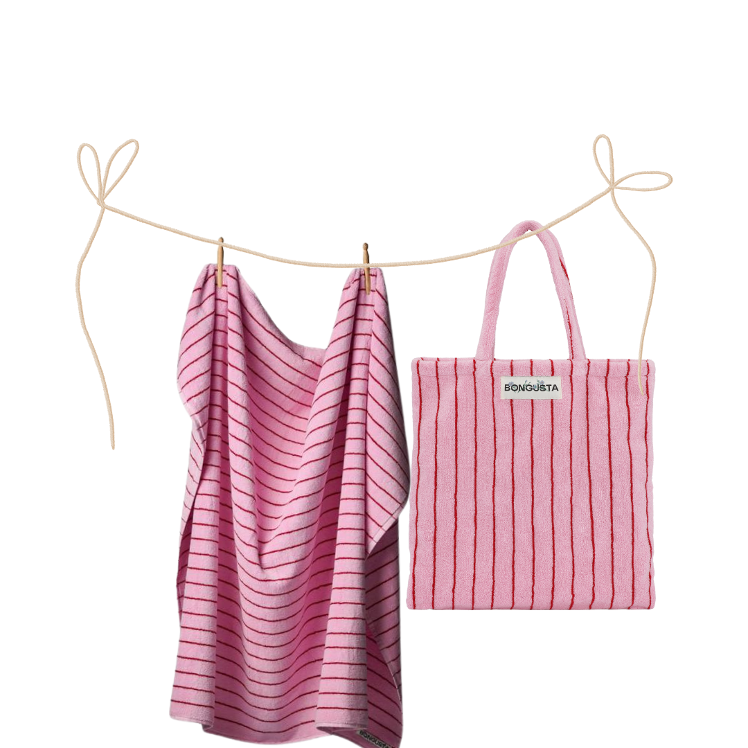 Promo Duopack Strandlaken &amp; Totebag Naram (100 x 150) Baby Pink &amp; Ski Patrol x Bongusta