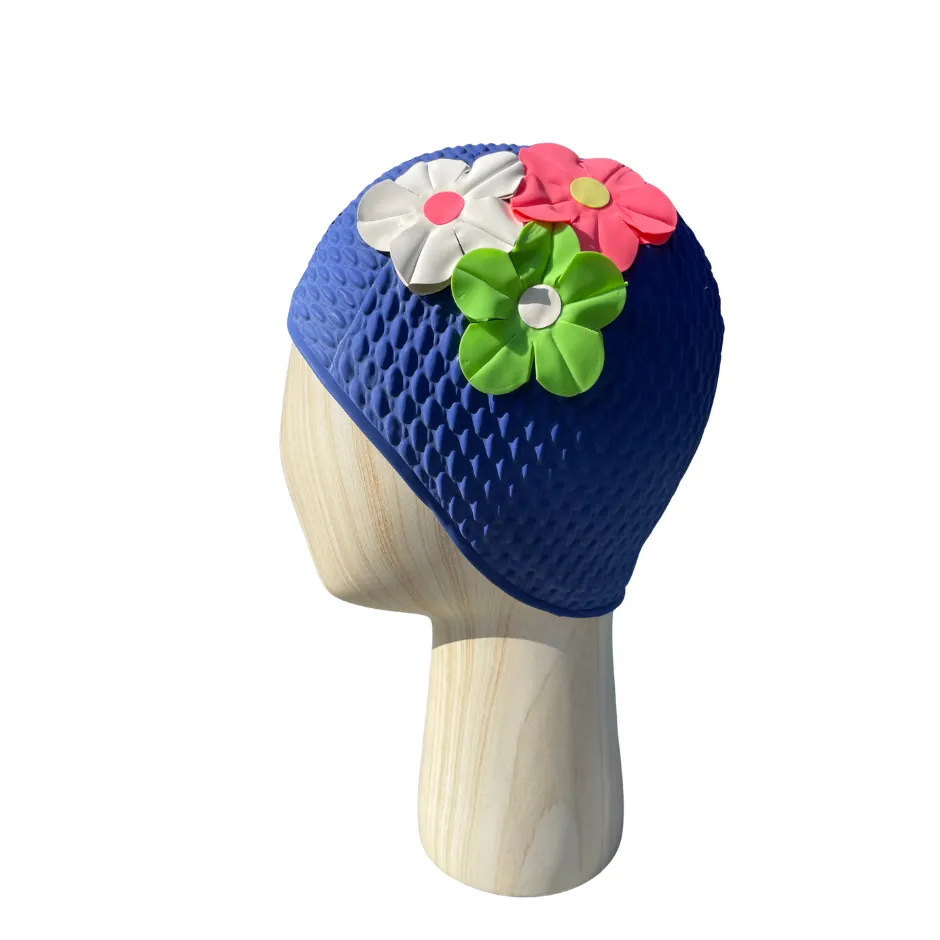 Vintage badmuts met 3 bloemen blauw