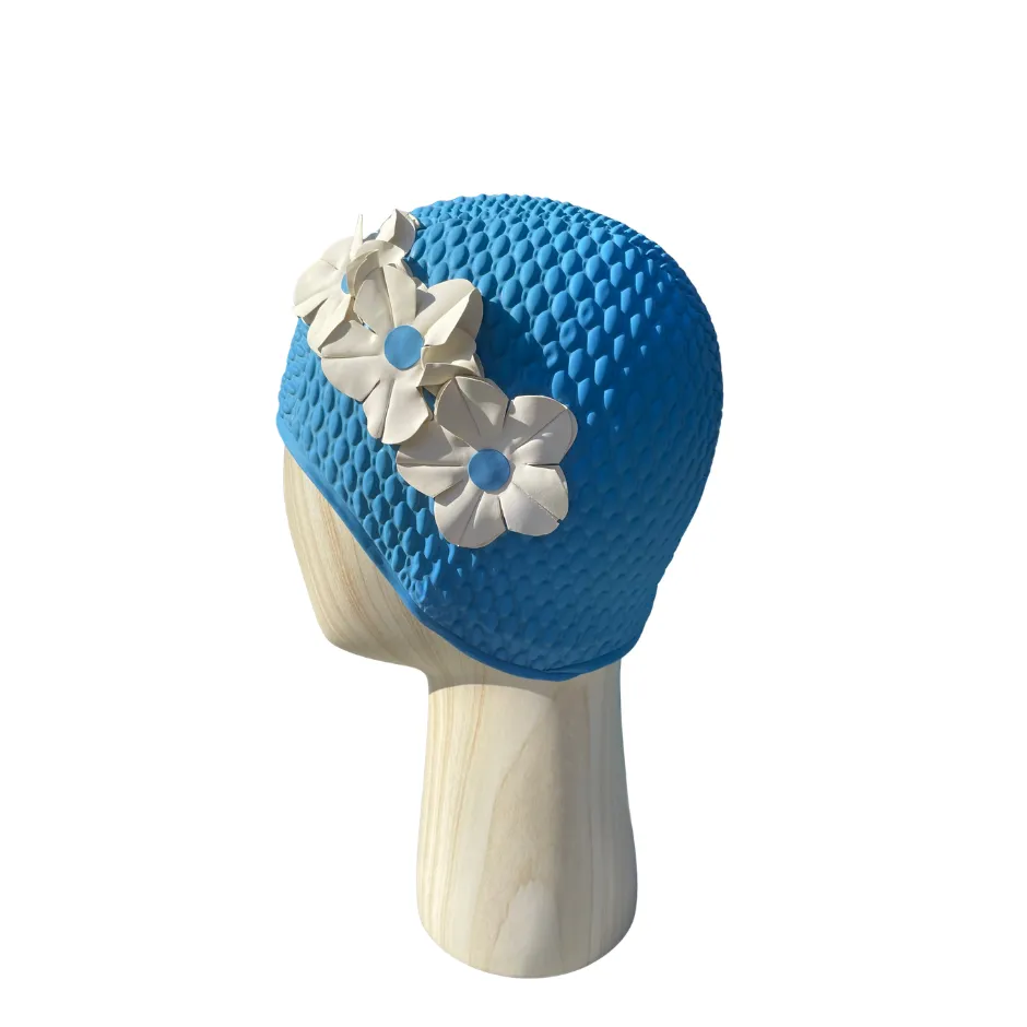 [S1004] Vintage swim cap with 3 flowers turquoise 