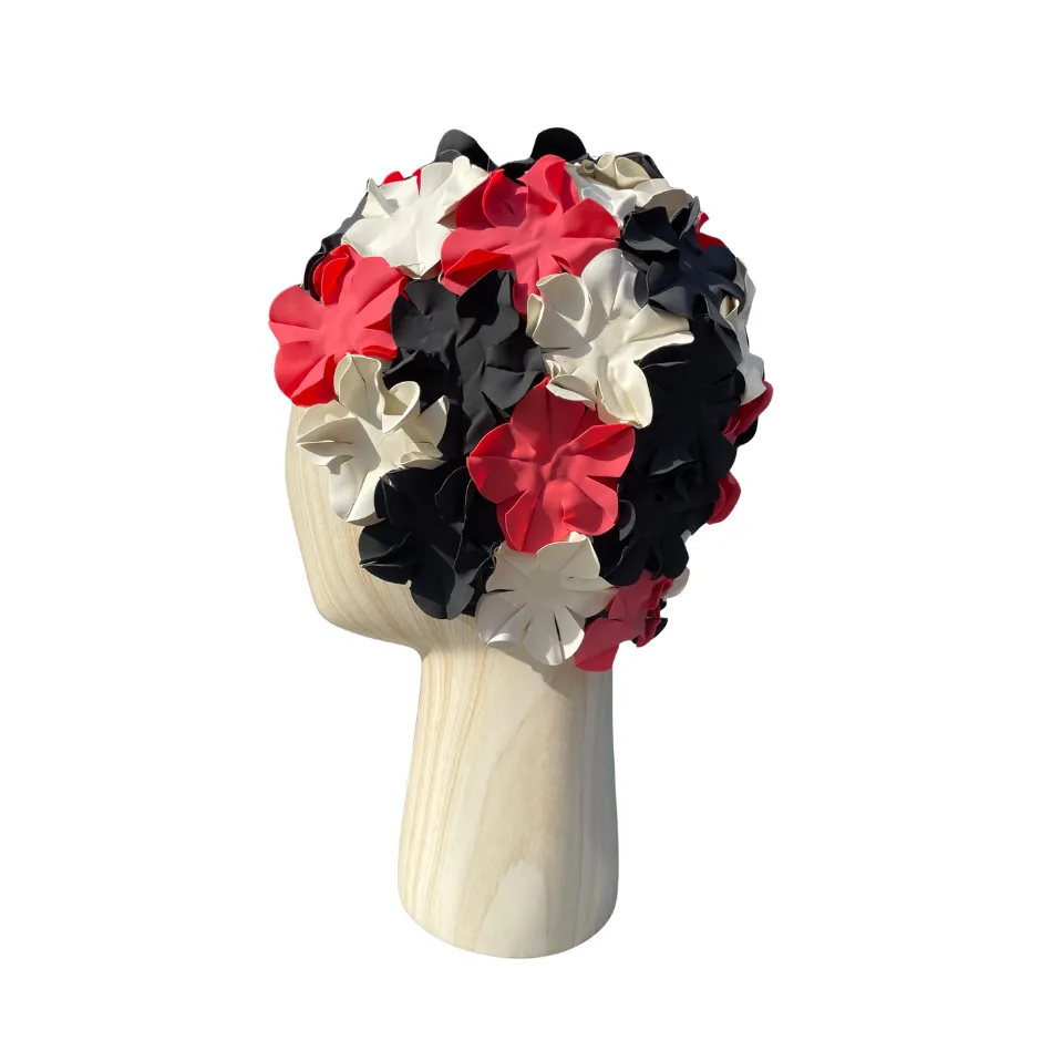 [S3001] Vintage swim cap multiflower red, white & black