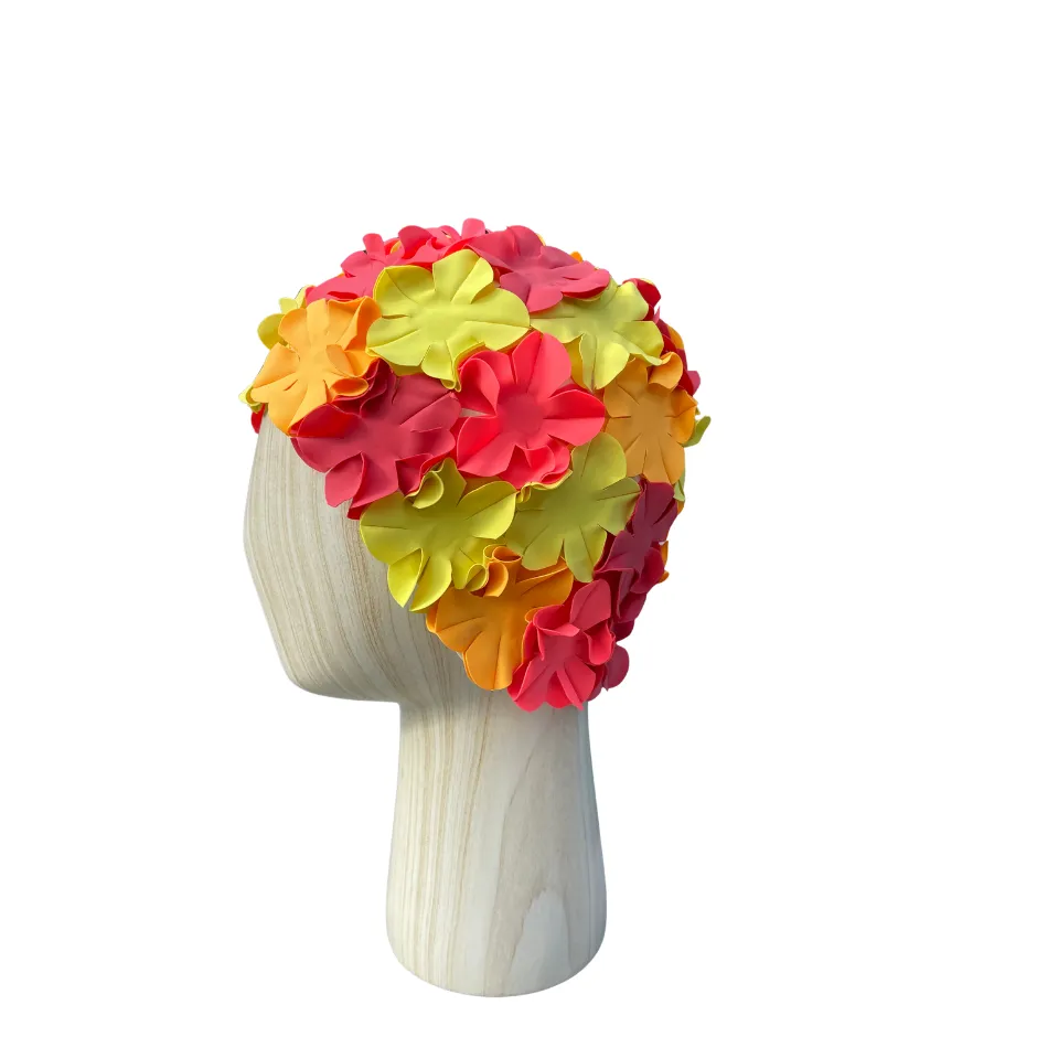 [S3009] Vintage swim cap multiflower shades of blue & yellow 